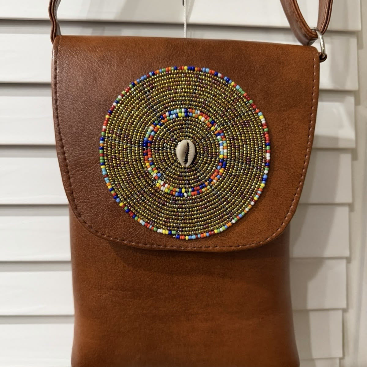 leather and bead crossbody bag