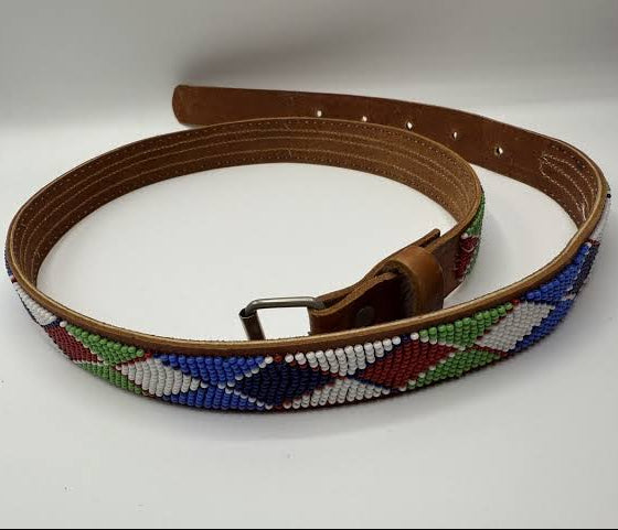 Beaded belt with a colorful pattern on a white background