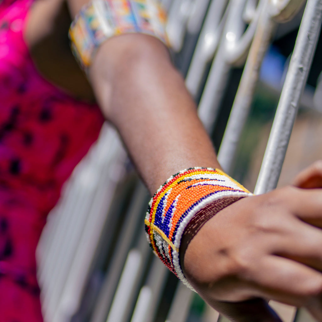 Colourful Beaded Maasai leather 3-Snap Button Bracelet