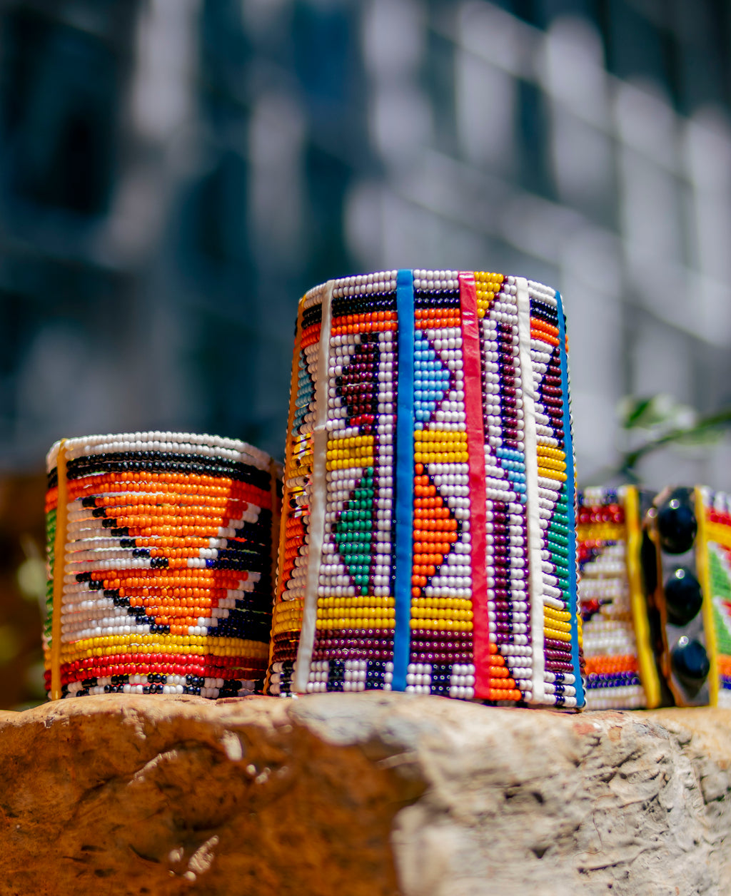 Colourful Beaded Maasai leather 3-Snap Button Bracelet