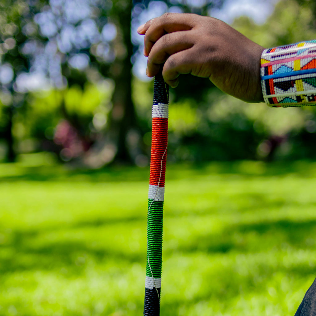 Hand holding a colorful staff with a blurred green field background