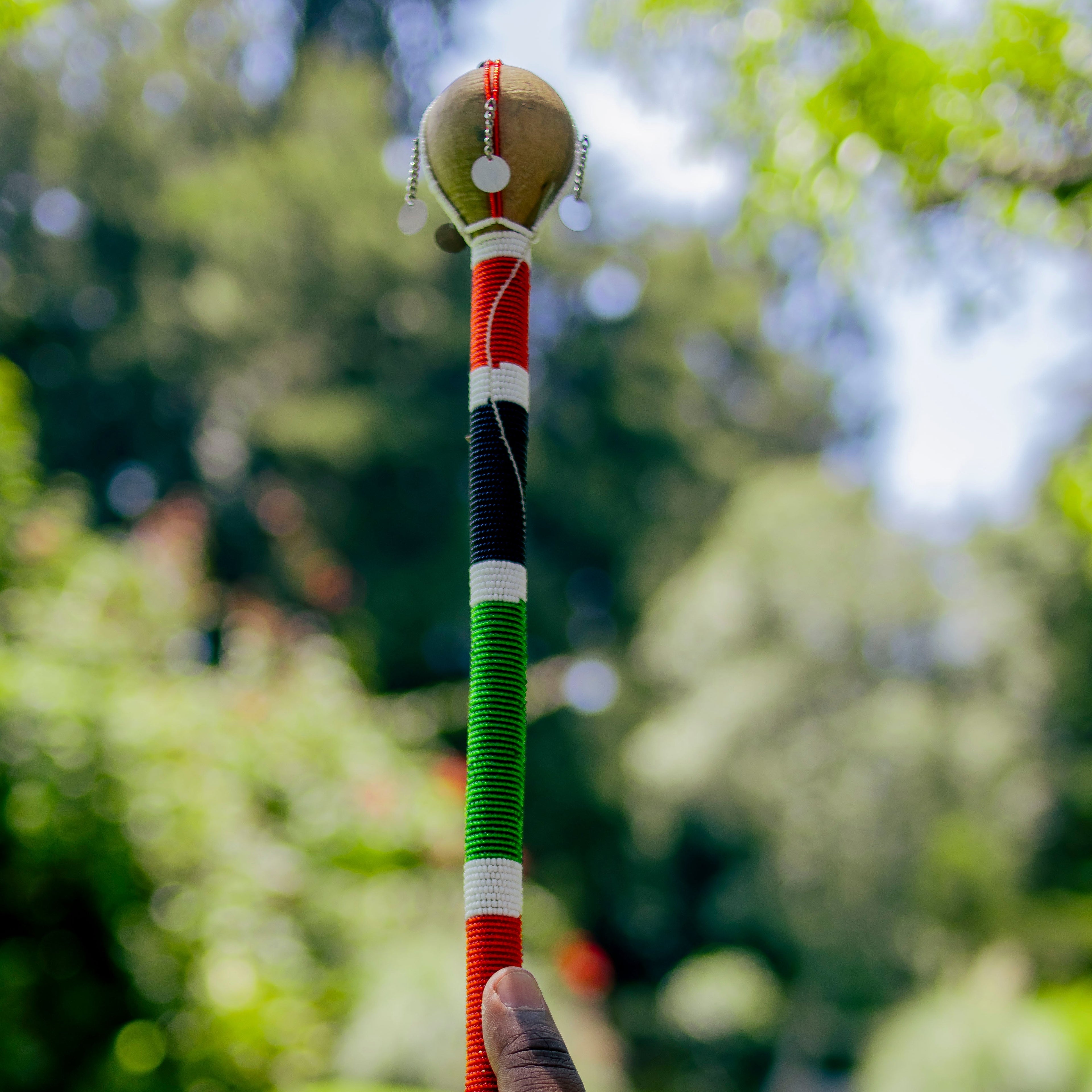 Hand holding a colorful staff with a blurred green outdoor background