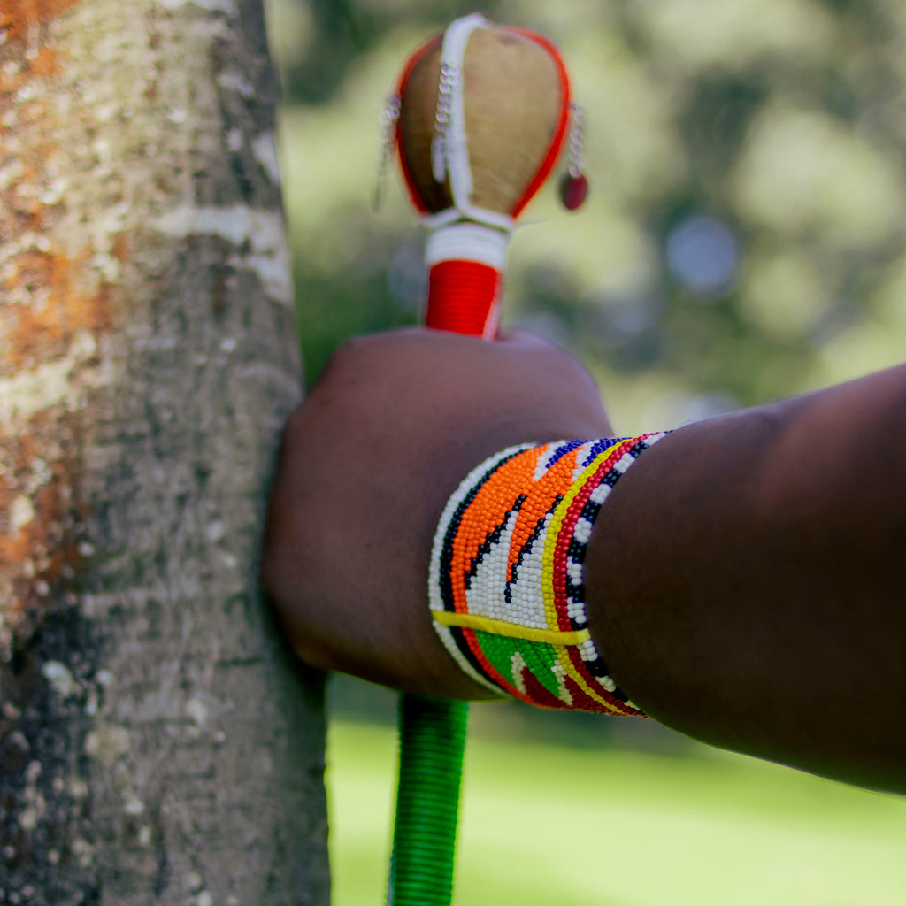 Hand holding a colorful rattle against a tree with a blurred natural background