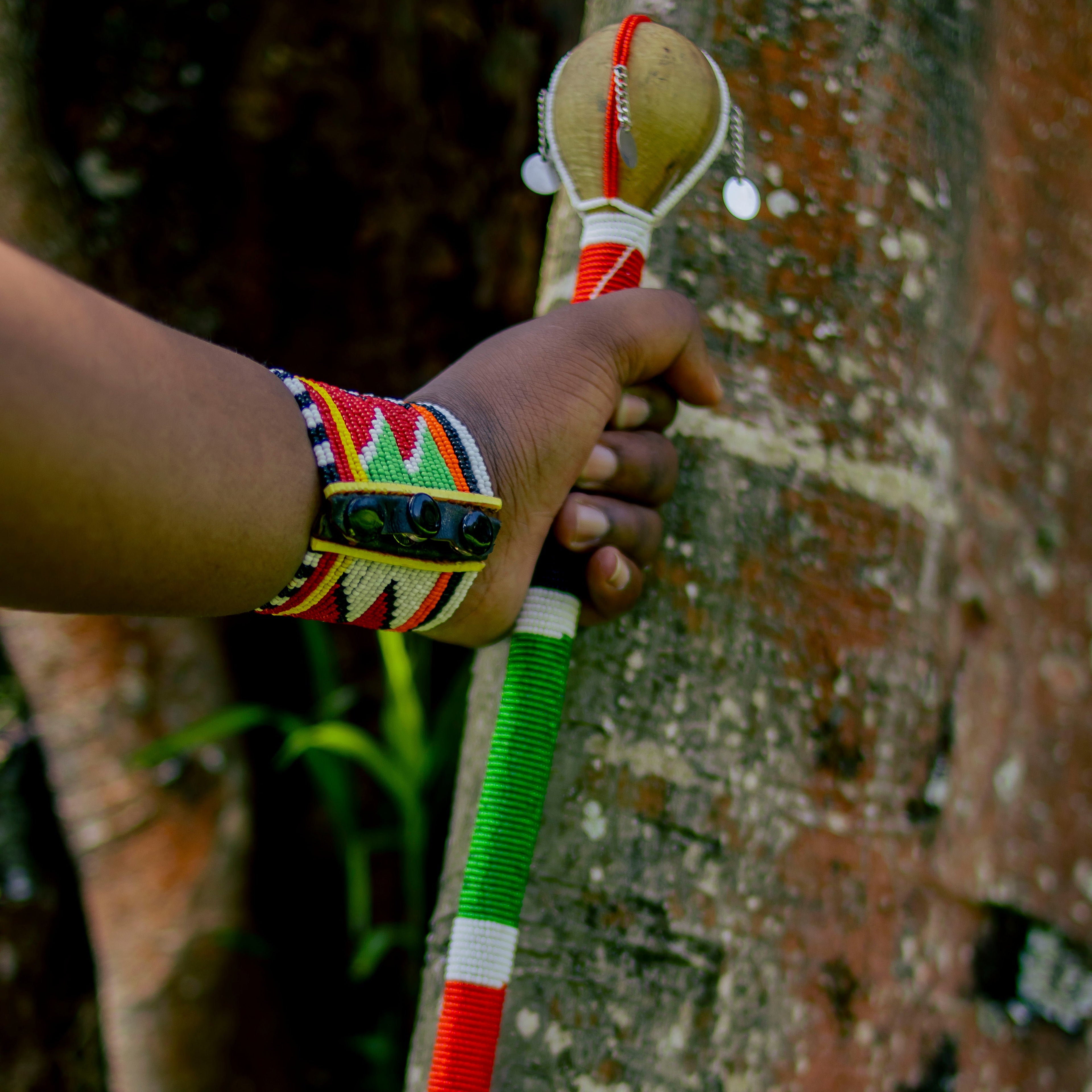 Hand holding a colorful staff against a tree trunk