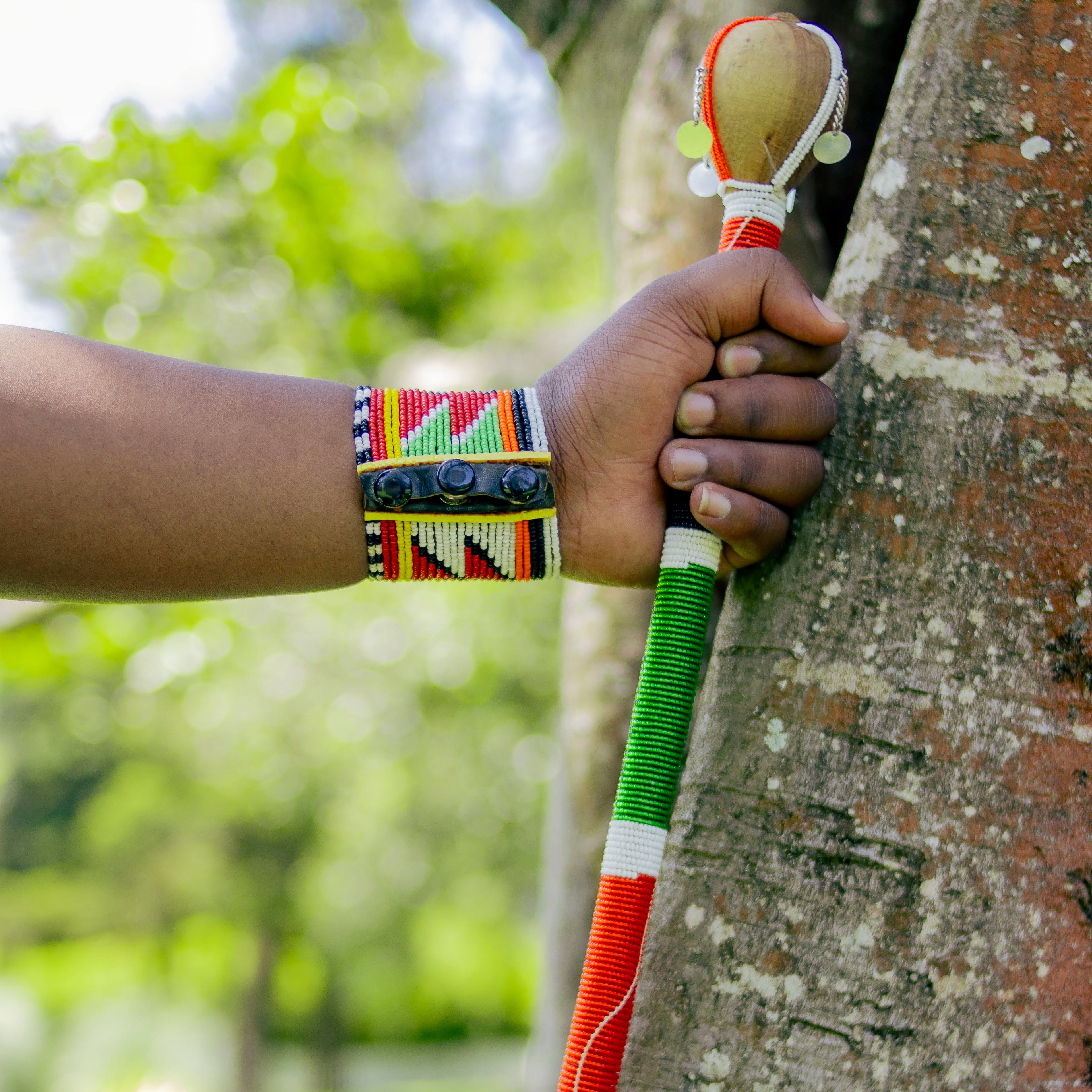 Hand holding a colorful stick against a tree with a blurred green background