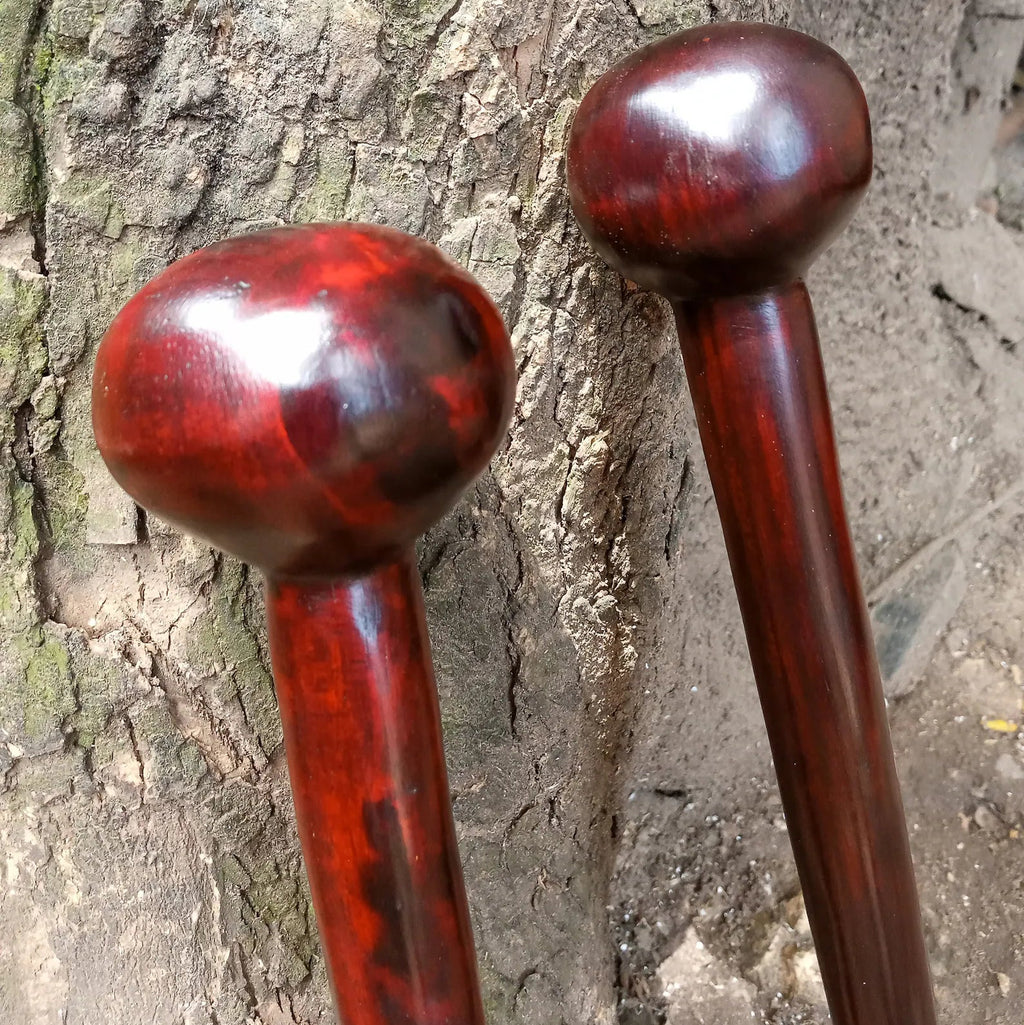 Two wooden walking sticks against a tree trunk background